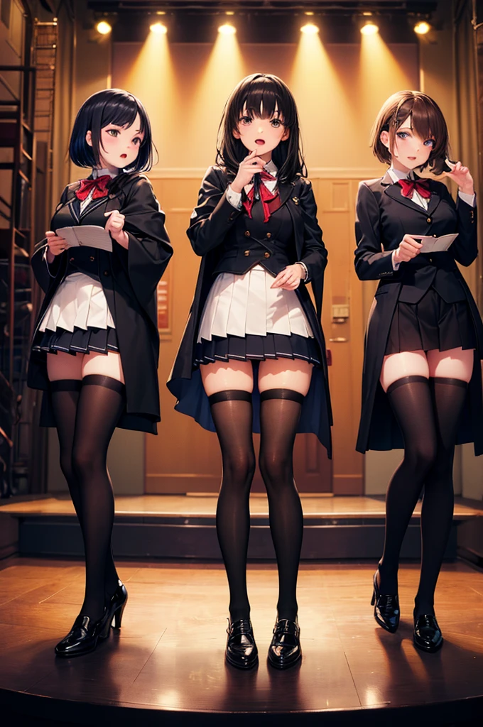 nsfw,side view 5girls,masterpiece, Highest quality,youth, Five girls in a changing room,((School classmates)),(Friendship),(A good friend),((chatting)),(undressing clothes:1.3),(looking away:1.2), profile, change of student uniform , in class room,(Dark blue blazer and white shirt) ,(Dark blue pleated skirt),Blue Ribbon,((( Everyone is wearing the same design))), (((Everyone is wearing the same navy blue skirt))),(((Black knee socks))),(((Black knee-high socks)))、(((Black Pantyhose))),((topless,
(undressing clothes:1.3), (standing;1.2), thighs,((changing room)),(((loose))),window, ((curtains)),(((They are not looking directly at the viewer))), (((as rather focused on each other,gesturing animatedly as they talk))),(((eye contact))),(((Exchanging glances))),(((exchanging words))),(((calling out))),(((smiling while talking)))
