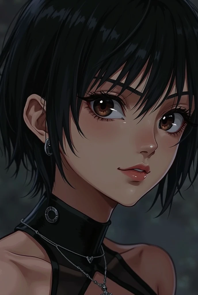 masterpiece,(best quality,top quality,8k),illustration,painting,detailed eyes and face,(1girl), brown eyes, black hair, (emo_hairstyle), short hair, hair between eyes, pixie cut, goth, gothic, choker, black lips, (black bikini,small breasts:1.2), pretty girl, beauty skin, ultra high res, raw photo , detailed body ,(puffy eyes) ,good contrast , high sharpness,(gorgeous),realistic,RAW Photography,(hyperdetailed:1.2)
