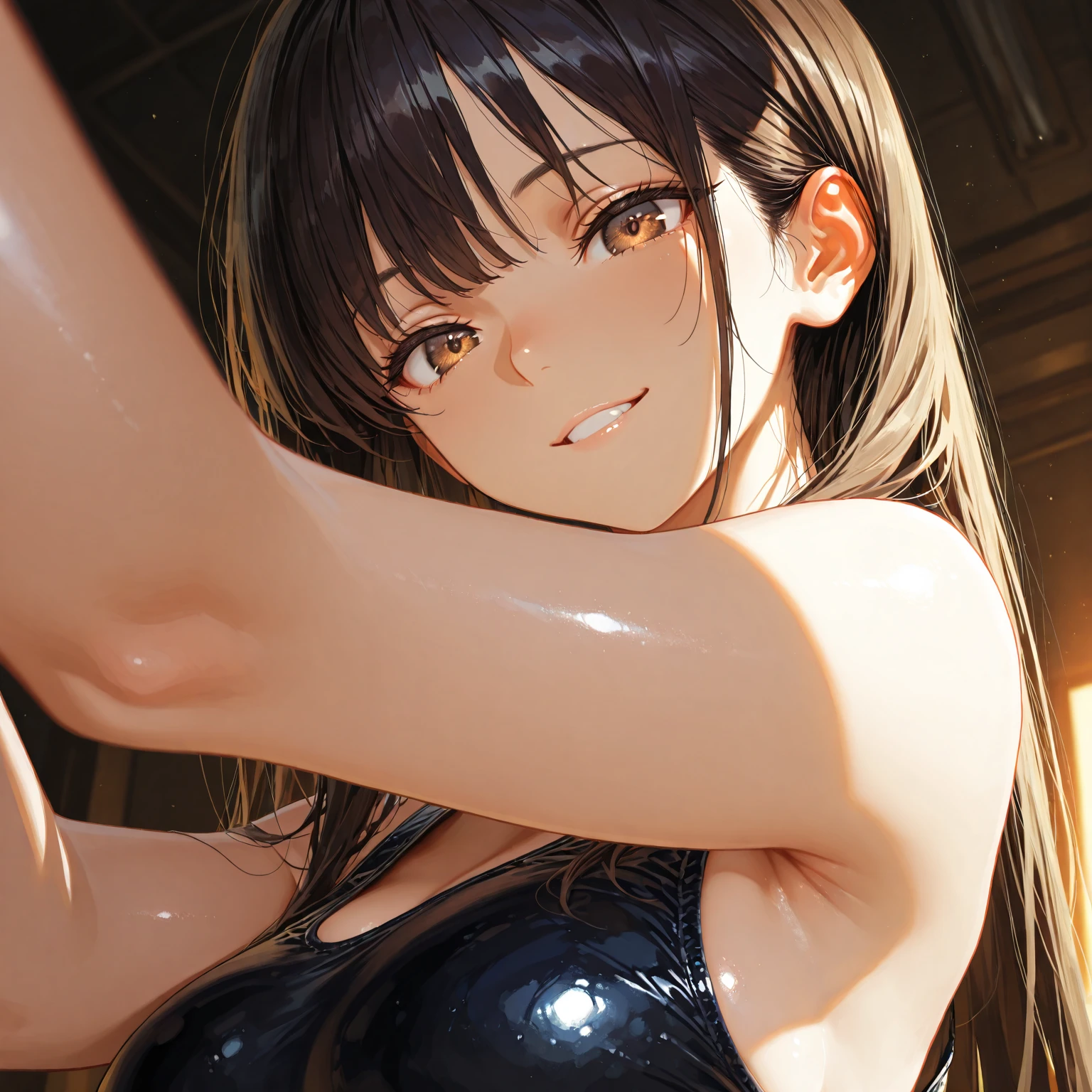 High resolution 8K, armpit pose, Armpit, Armpit, Light illuminating the armpits, masterpiece, Top image quality, high resolution, Wrinkles under the armpits:1.5, Under the slimy armpits, solo, (covered nipples:1.2), Red Plunge leotard, high-ponytail Hairstyle, Locker Room, dress room, no-bra, Upper body only, Armpit Light, A smile, A slight smile, Brown eyes, Detailed wrinkles in the armpits, realistic armpit, Wet armpits, Glossy armpits, Oiled shiny armpits, Stand straight at us, Raise both hands, puberty, Sweaty face, red lipsticks, Athletics Stadium Locker Room, I'm looking at the armpits, Navel is visible, (Natural skin texture Vibrant details, hyper realistic)