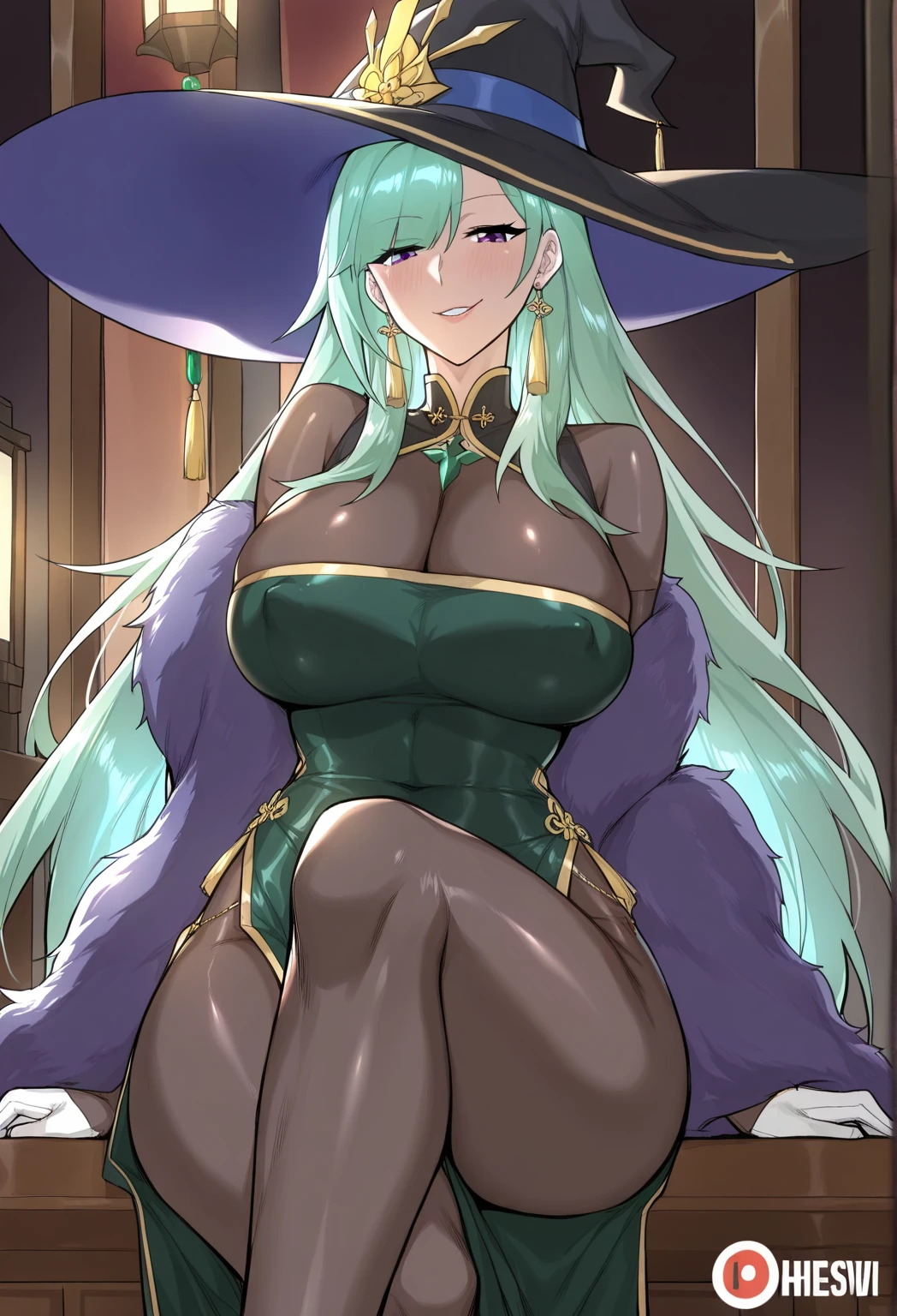 1fille,Solo Focus, yeux vert,silver-white hair, ponytail, orque, Fille orque,colored skin,dark skin slightly green,huge breasts,couronne,assis, Throne, armure, plaque mammaire,eyepatch, suffisant,muscular female,glass of wine in hand
