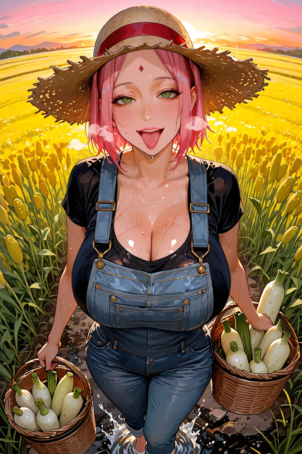 (nude :1.50),(Pink Hair :1.3),masterpiece, highest quality, Very detailed, sexy, On the Farm,Wearing a big straw hat、Naked and in overalls、 (Huge breasts),Harvesting vegetables from the field、A faint smile,sexyなポーズ