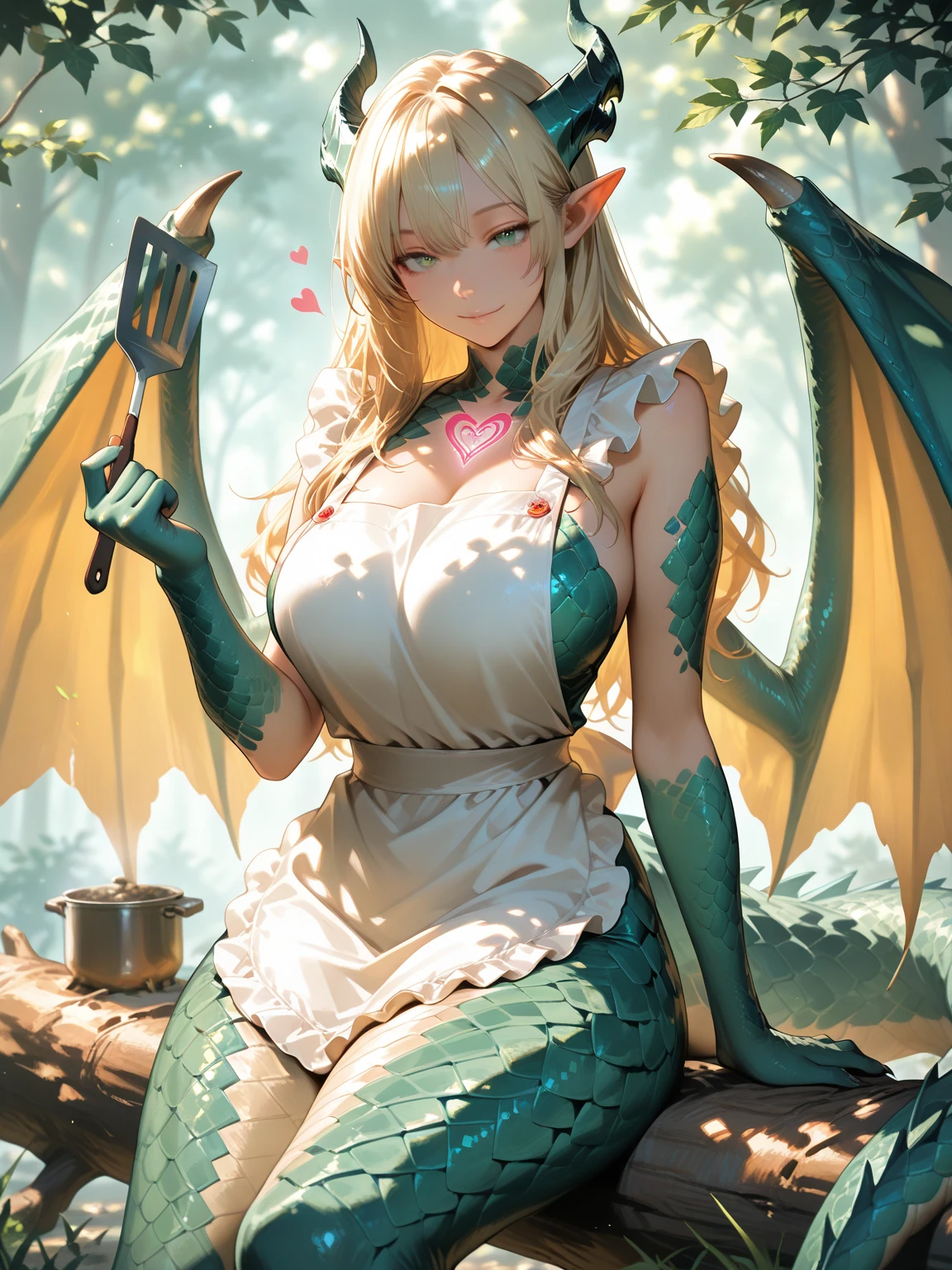 masterpiece, high quality, green skin dragon girl, brown horns, long tail with hairy tip, long black hair, black holes in shoulders, pink eyes, Tender smile, a white blouse, red jean, Brown boots