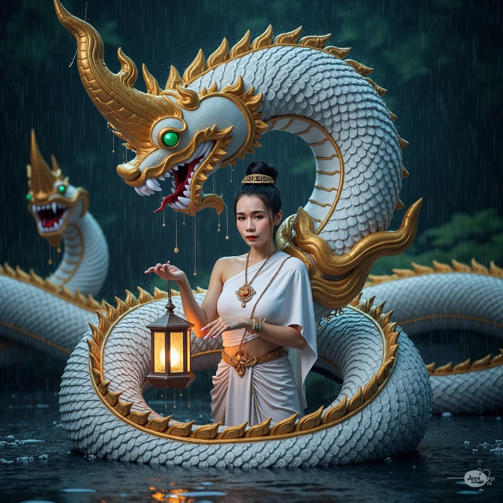 araffe woman in a skirt holding a snake in the rain, snake woman hybrid, snake woman, queen of snakes, snake human hybrid, snake-face lady, mixed with snake, anime thai girl, beautiful digital artwork, tithi luadthong, hyperrealistic fantasy art, coiled realistic serpents, by Rudy Siswanto, amazing fantasy art