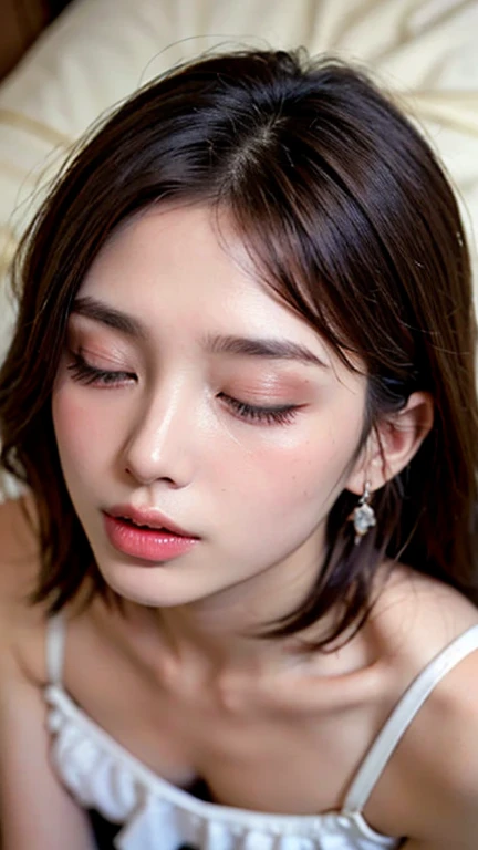 (24 year old lover), (Big Breasts:1.3),Showing small areola,On the bed, (Maximum resolution: 1.4), (super high quality: 1.2), Cinematic Light, super high quality,My cheeks are red.:1.2、 (Beautiful eyes and skin), (Detailed facial features), 8K resolution, Perfect Style, Beautiful expression、Highly detailed face and skin texture、Detailed eyes、double eyelid、Glitter Eyeliner:1.2、Shiny skin、pure White skin:1.8、White skin:1.8、Red lipstick、Dark lipstick:1.2、Shiny small earrings、Wet lips:1.2,Glossy Lips:1.2、(Straight Hairstyles、Light brown hair)、(Look forward:1.2),Long Hair、(Close your eyes and ask for a kiss:1.3),From above, ((One-length haircuts)),, Exposed cleavage, look up, Please lift your chin, Please open your mouth a little, Wait for a kiss, stick out your tongue a little, Look up