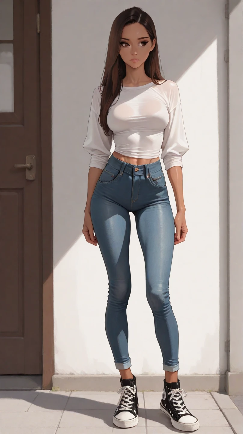 An extremely realistic beautiful woman, wearing white blouse, jeans, and black boots, big-ass, legs thick, Fitness, wide hip, gorgeous face, 4K