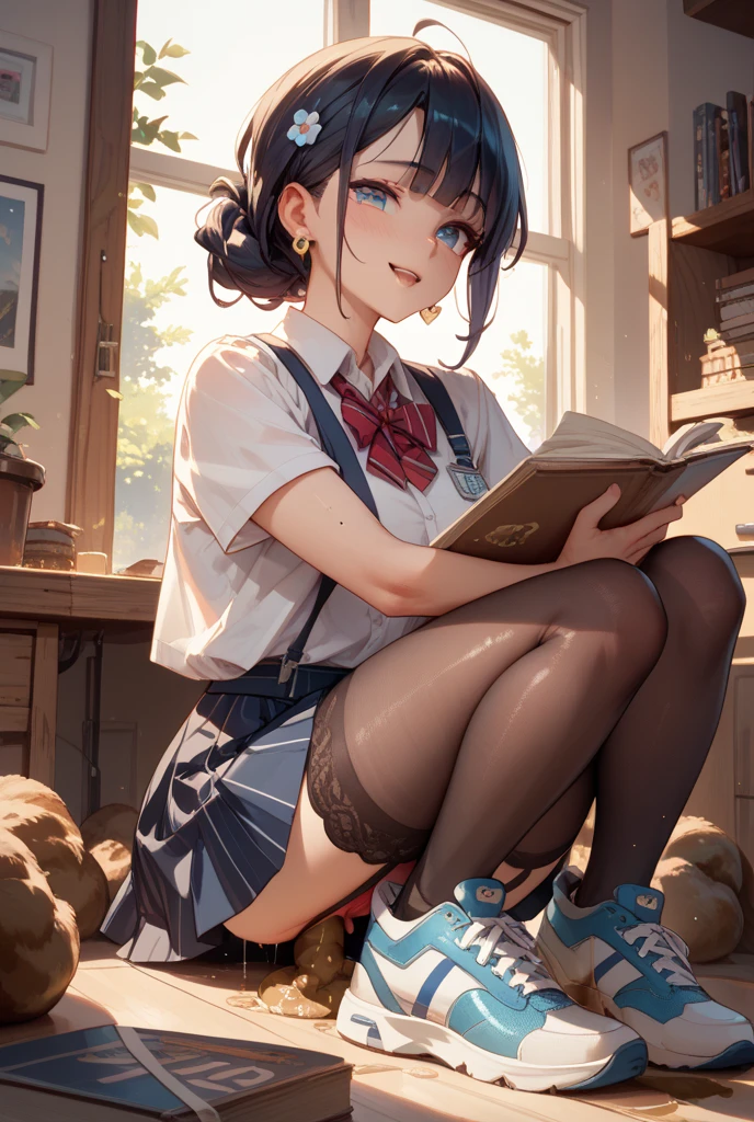 ((masterpiece,Best quality))1 girl, One, bookshelf, A stack of books, Suzuno, in room, Bottle of water in hand,  drinks water from a bottle, spills water,wet face,wet neck, Sports topic, short shorts, stockings, hair ornament, Young, Red eyes,  