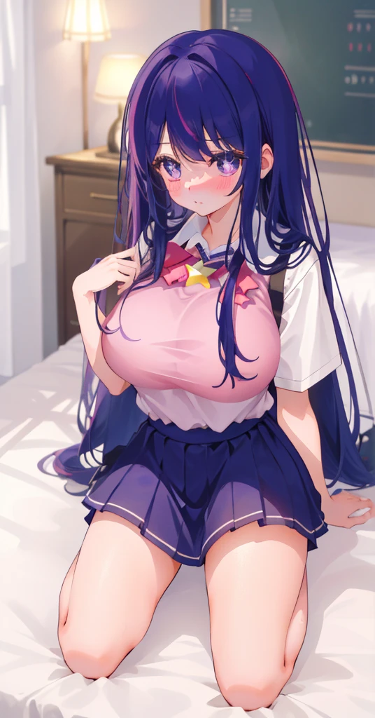 Hoshino looks over the viewer, She has big breasts and part of her tits can be seen through her dress, tender look, She is sitting on a bed with her legs crossed., tight white stockings, ((Best Quality)), ((Masterpiece))