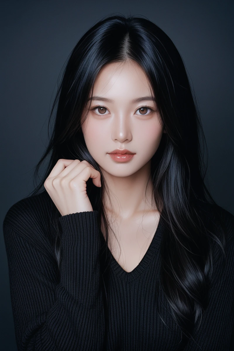 （In reality， high resolution：1.3, masterpiece, 8K, best quality, ultra detailed, studio shoot, photo realistic:1.4, photography , korean girl, ((Dark Black Hair)), very beautiful face, realistic eyes, Ultra-Detailed Face, Detailed Lips, normal hand, glossy lips, glossy face, Highly detailed facial and skin texture, simple background