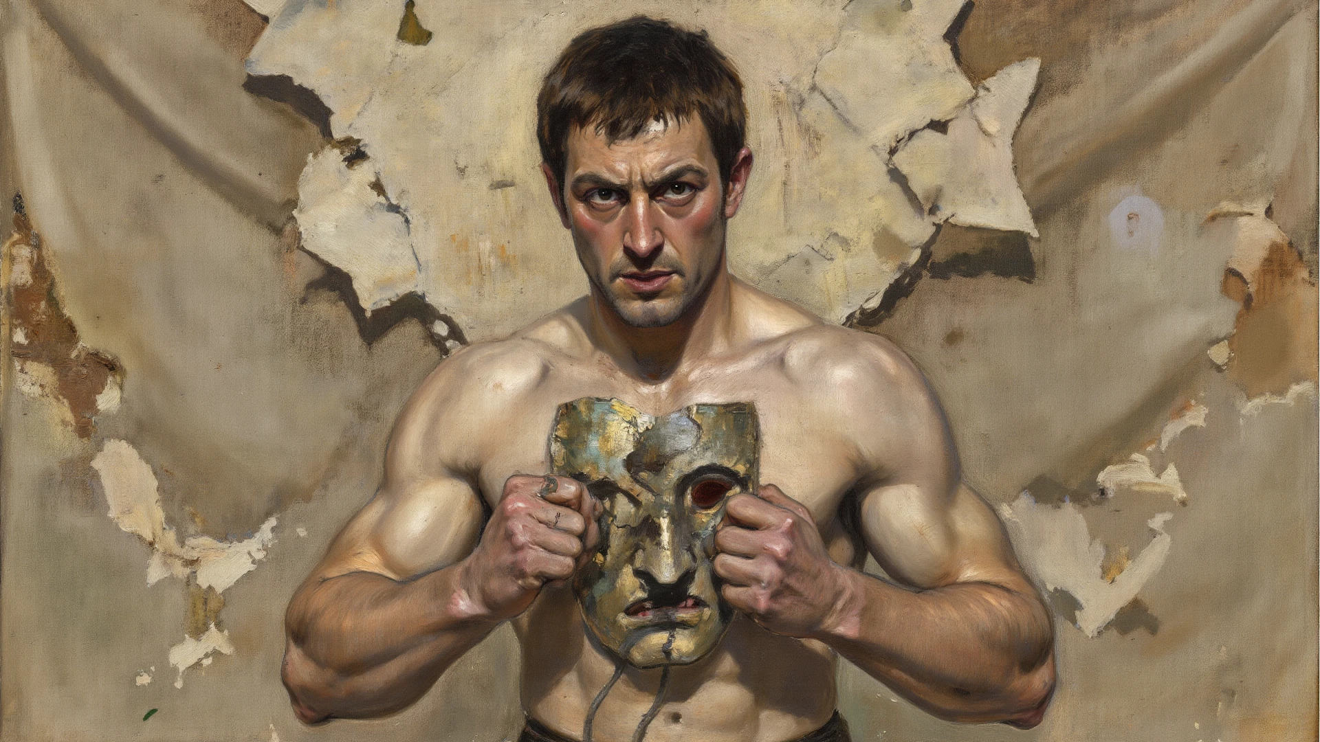 malnourished man without a shirt, with marks of wounds on the body, a somewhat broken gray ragdoll and an Elden Ring prisoner&#39;s iron helmet mask, realistic black background low light