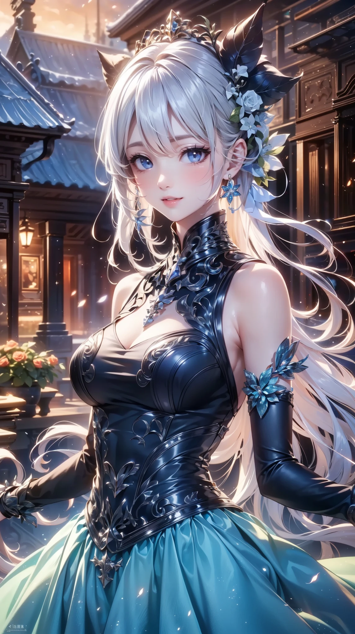 ( very detailed目, very detailed顔), ( realistic にสุดๆ, high resolution ), ( Top Quality :1.4), ( Top Quality ), portrait, 5, Midea, 1 girl ,score_9, score_8_ up, score_7_ up, score_6_ up, score_5_ up, score_4_ up, realistic skin texture that lasts deep into the middle of the night 、 Deep Night , RAW photos , ( realistic に, realistic :1.37), very detailed, Pro Pictures , (masterpiece:1.3, Top Quality , s uper high resolution, Ultramore ), ( realistic , photo realistic :1.4), beautiful illustrations , perfect lighting, anime style .( masterpiece : 1.2), ( very detailed: 1.2), ( very detailed CG: 1.2), ( high image quality : 1.2), (最 high image quality ), 8k, animated illustration , 、 beautiful girl 、とても cute天使、 gothic dress 、 cute、、smile、 long skirt、 Black Long Boots 、 Turquoise Eye， cute女性 ，street， Store ， sign，European Buildings，slate paved ，Rose flower，((upper body:1.3))
