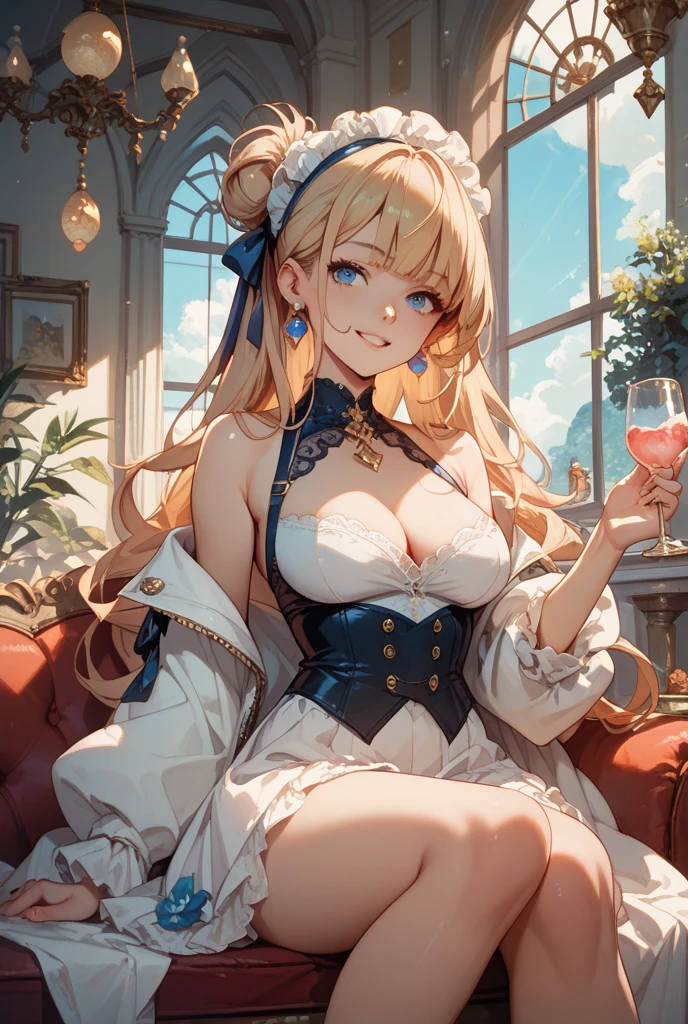 high res, 1girl, elegant medieval wife, long hair, light blonde hair, parted bang, light blue eyes, wide shoulder, inside castle, big breast, cleavage, a housewife, seductive smile, portraits, soft lighting, vibrant colors