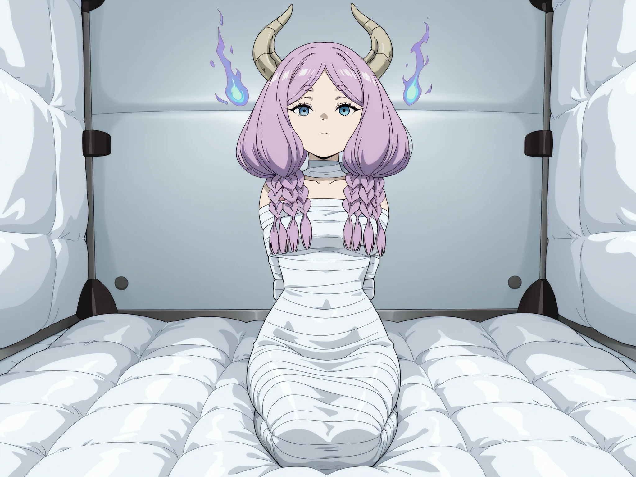 ,Aura, aura the guillotine,horns,pink hair,purple hair,purple hair, blue eyes, multiple braids,frieren-aura, horns,violet-pink hair, blue eyes, multiple braids,
,White bandage,All White tape,Mummification Bondage of White,White mummy,White mummification,White mummified,feet together,bondage,wrappedupgirl,Arms behind the body,Arm Mummification,
,Arms are pressed against the back,There is no space between the body and the arms,Hands behind the body,
,(masterpiece, best quality),anime style,beautiful girl,high resolution,vivid colors, extremely detailed,Ultra detail: 1.3,Vibrant colors,anime screenshot,
,Background an unadorned white Padded room,Background Small a featureless white room,
,One girl,a girl,Only one girl,1girl,solo,
,Whole full body,full body in frame,,face visible,,close-up,face focus,
,looking at viewer, direct eye contact,turned head,