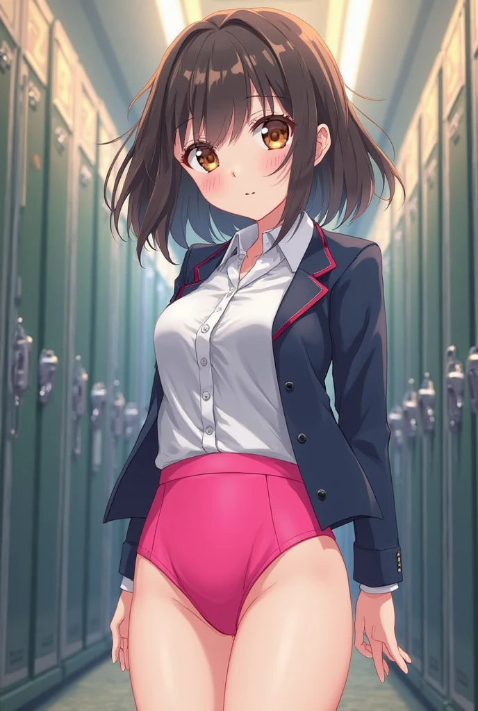 solo, 1girl, looking at viewer, 2D, , chihiro kosaka, , looking at viewer, smile,blazer,miniskirt,socks,my room,(((lift skirt,panties)))