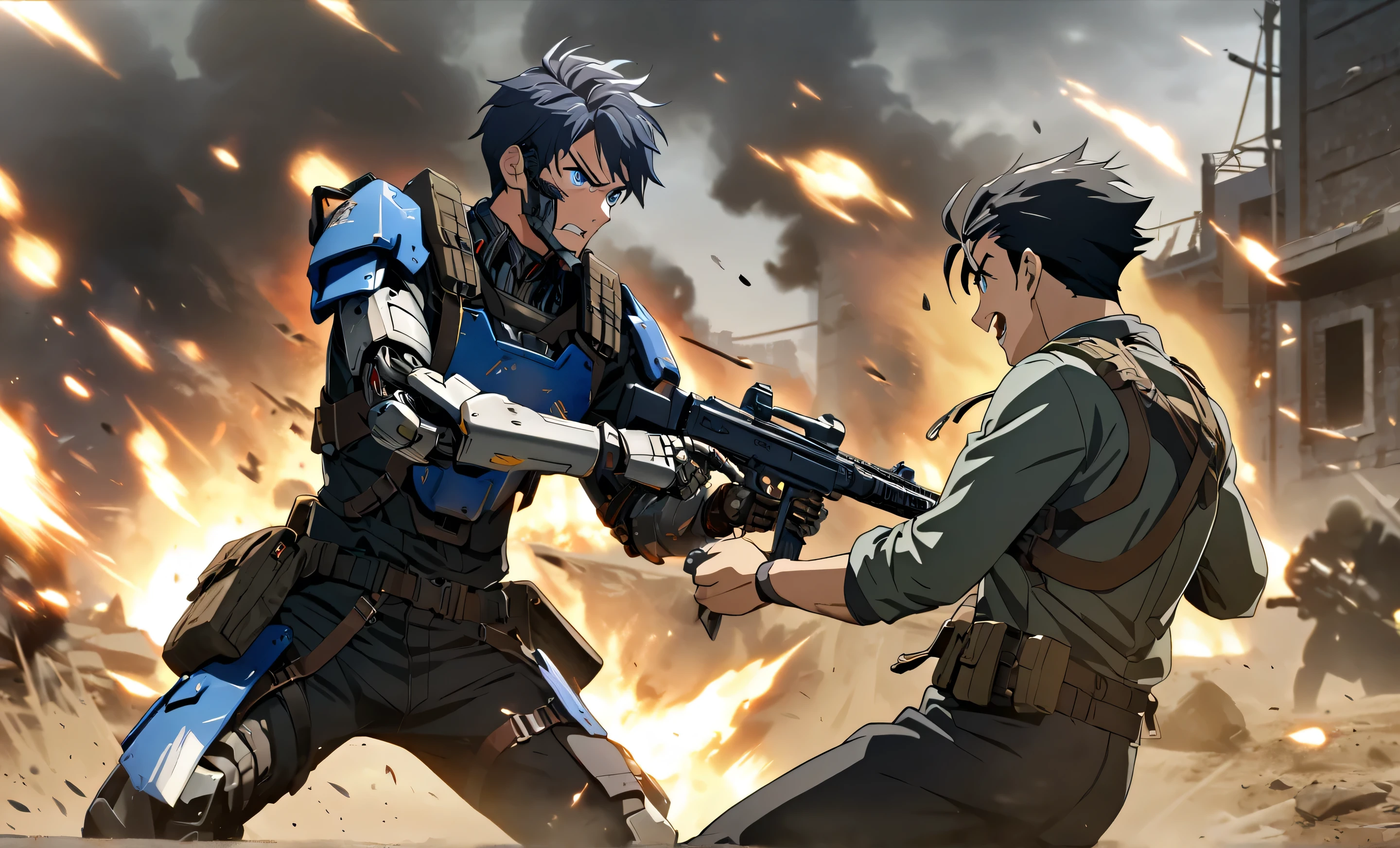 1boy, male, cute boy, Black short hair, Blue eyes, Ekkarit Masiha, a solder doing military fight, fight shoot effect, background in battlefield, gun, Super Blue, mechanical arm, cyborg, Armor Black, Core Blue, Anime, Fight shoot effect, while his rifle locks onto unseen targets. He’s the embodiment of relentless focus in a storm of violence. HD, 4K resolution