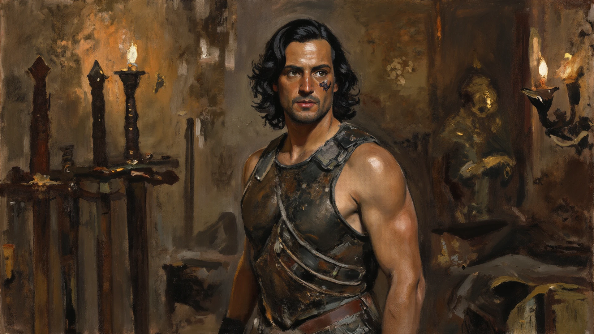 man in a loincloth, holding a sword, post apocalyptic, ruined buildings, illustration by Roy Krenkel <lora:rgk:1.0>