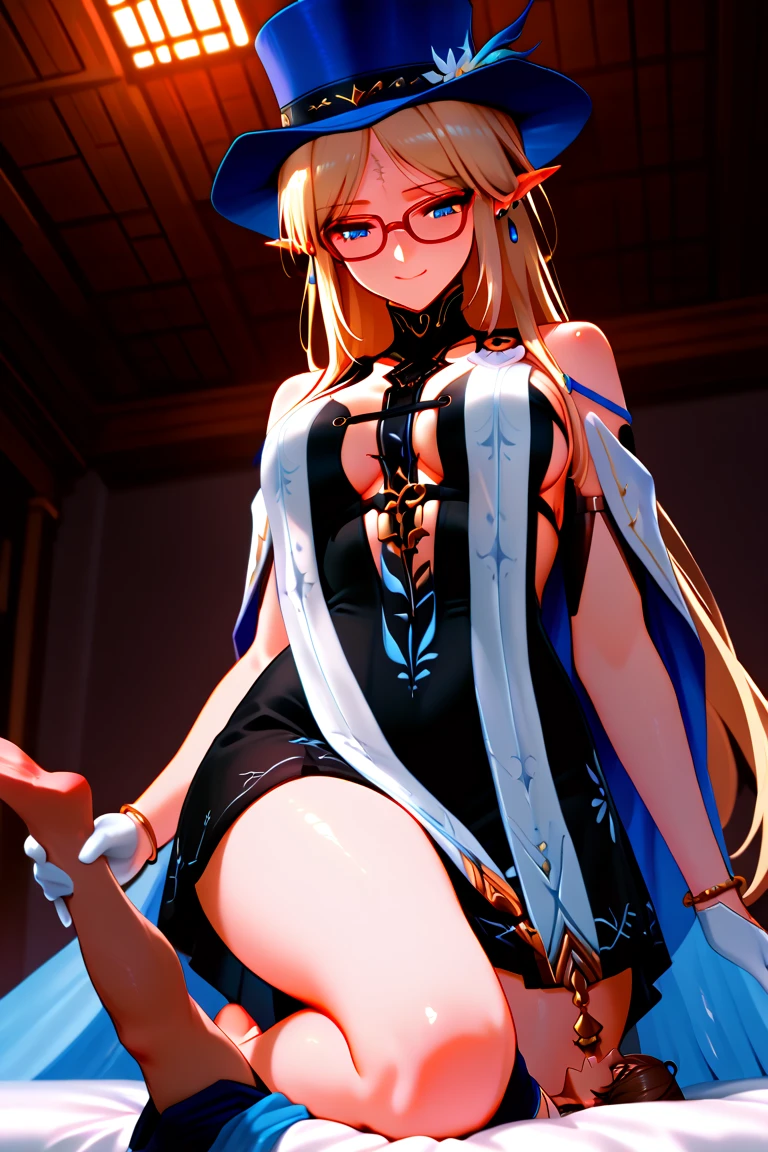 petite, cute, flat, fox girl, fox ears, fox tail, long blond hair, hair slicked back, forehead, blue eyes, smug, aroused, thick thighs, black and purple sleeveless dress, black garter straps, lace-trimmed legwear and gloves, lace-trim panties, pantyshot, pussy, glasses, dancing, ballroom