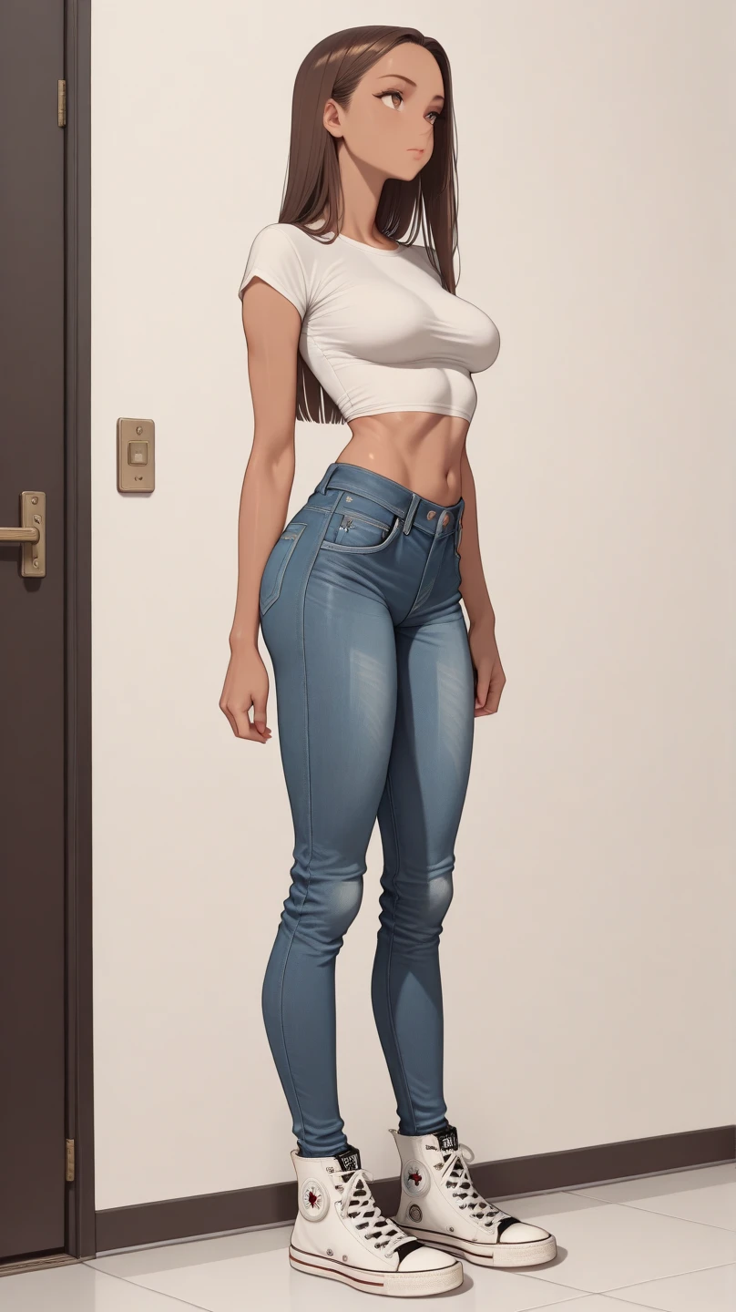 (full body shot:1.5), (Masterpiece:1.37), (Indian babe:1.5), (straight view, straight figure, wide angle pose, standing position:0.5), inspired by disha patani, she is in standing position, 1girl, solo girl, 18 year old girl, ultra realistic face, hyperrealistic, hyperdetailed, (looking at viewers:0.5), sharpen, detailed face, detailed eyes, detailed lips, red lips, beautiful face, 16k, FHD, raw photo, cute face mesh, pretty face mesh, girl in luxury office, beautiful hair style, tied hair, (beautiful round neck blouse, fancy blouse, fancy tight black jeans), intricate, extremely detailed, (perfect spherical shape boobs, high perky boobs, huge boobs), (curvy hips), scattering surface, ultra realistic texture, smooth skin, realistic face, glow lip, glow face, very_high_resolution, perfect figure, beautiful curved body, fit body, (fancy high heel), fancy club hair ornament, ((very fit body, perfect body)),