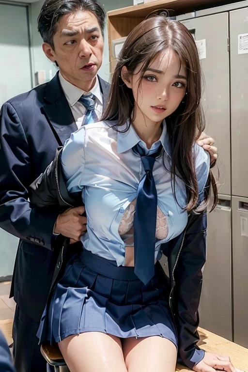 (in 8K、Raw photography、Highest Quality、realisitic、Photorealsitic、Professional Lighting、​masterpiece、extremely delicate and beautiful、Highly detailed、finely detail、ultra-detailliert、hight resolution、full-shot)、The train crowded only a few men、1girl in、One woman in a black suit、Black jacket、white  shirt、a black skirt、Beautiful face:1.5、slim proportions、small tits:2、small tits、Middle aged man in suit、Hug her from behind:1.5、Other middle-aged man flipping skirt、I can see the white panties、she is crying、shed tears:1.5、Draw in clear detail whose hand it is、Pubic hair is visible、(((Nipples are visible)))、
