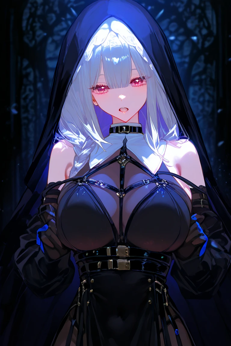 Woman,with Big , White hair, best quality,open chest vest, blue and black clothes, Dragon Wings, black cloth on face, silver cross chain on neck, black hood with blue horns