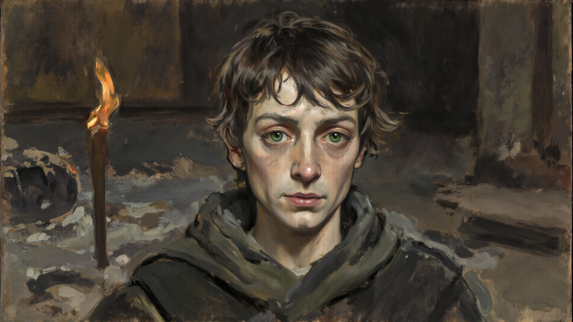 ((Elijah Wood as Frodo Baggins goes to Mordor)), portraite of a, ((cartoonish style)), the anime, big eyes, The gold ring on the chain around the neck is eerily dark, Atey Ghailan, by Jeremy Mann, Greg Manchess, Antonio Moro , Trending on ArtStation, trending on CGsociety, Intricate, high detail, sharp-focus, dramatic, photorealistic art painting by Midjourney and Greg Rutkowski, Bokeh on