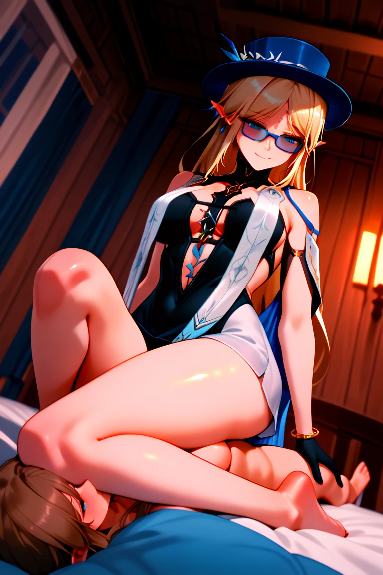 (8k, masterpiece, highest quality, super detailed, professional lighting),1 girl,(beautiful girl) ,(ecstasy:1.3) ,(Last:1.2),(Vulgarity:1.3),(so stupid:1.1),(vapor:1.1),(Wet:0.8),(trembling:0.8),(tears:0.7) ,(drooling:0.6),(Sweat:0.8),big breasts,(blonde and blue striped hair:1.5), highlight hair ,Glasses,we say,(spoken heart:1.3), people, crowd,NSFW,(black long gloves ,black long boots,nude:1.5),night,pussy juice,bar,look into the navel