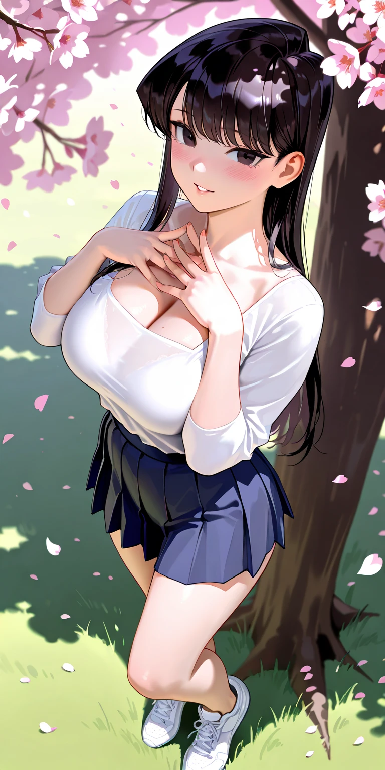 Amazing Chitanda, There is only one beautiful girl，Purple Eyes, Black Hair, Very red face，Very white skin，Glowing skin，Skin as delicate as porcelain，Naturally straight hair, Straight bangs，Extremely refined，Open lips，Long flowing hair，Beautiful Girl, Like a dream，Slim，Slim waist，Soft, (Sensual), (Kawaii), Dream quality，Beautiful ???????????，Transparent loose school uniform，??????，Completely ?????，White gloves，Flower decoration，Deep V neckline，Loose neckline，Wide neckline，Walking in school，Place your hands on your inner thighs，Thighs clamp hands，Wet skin，Sweaty and sweaty，Sweating all over，????????? Rain，Next to the cherry blossom trees，Back to，Lean over，????，Side body，Gluteal groove，Completely ?????的臀部，???? back，Completely ?????的背部，Light transmission，（????????），nopan，???????????，???? shoulders，???? neck，Exposed collarbone，Exposing ???????，Exposing ???????侧面，Exposing ???????下面，Show your waist，Show your ????????，Show your thighs，Exposing the groin，（????????），extremely shy，Ultra-high resolution, (masterpiece:1.2, best quality), (Delicate and beautiful eyes: 1.2), (Beautiful and delicate face)