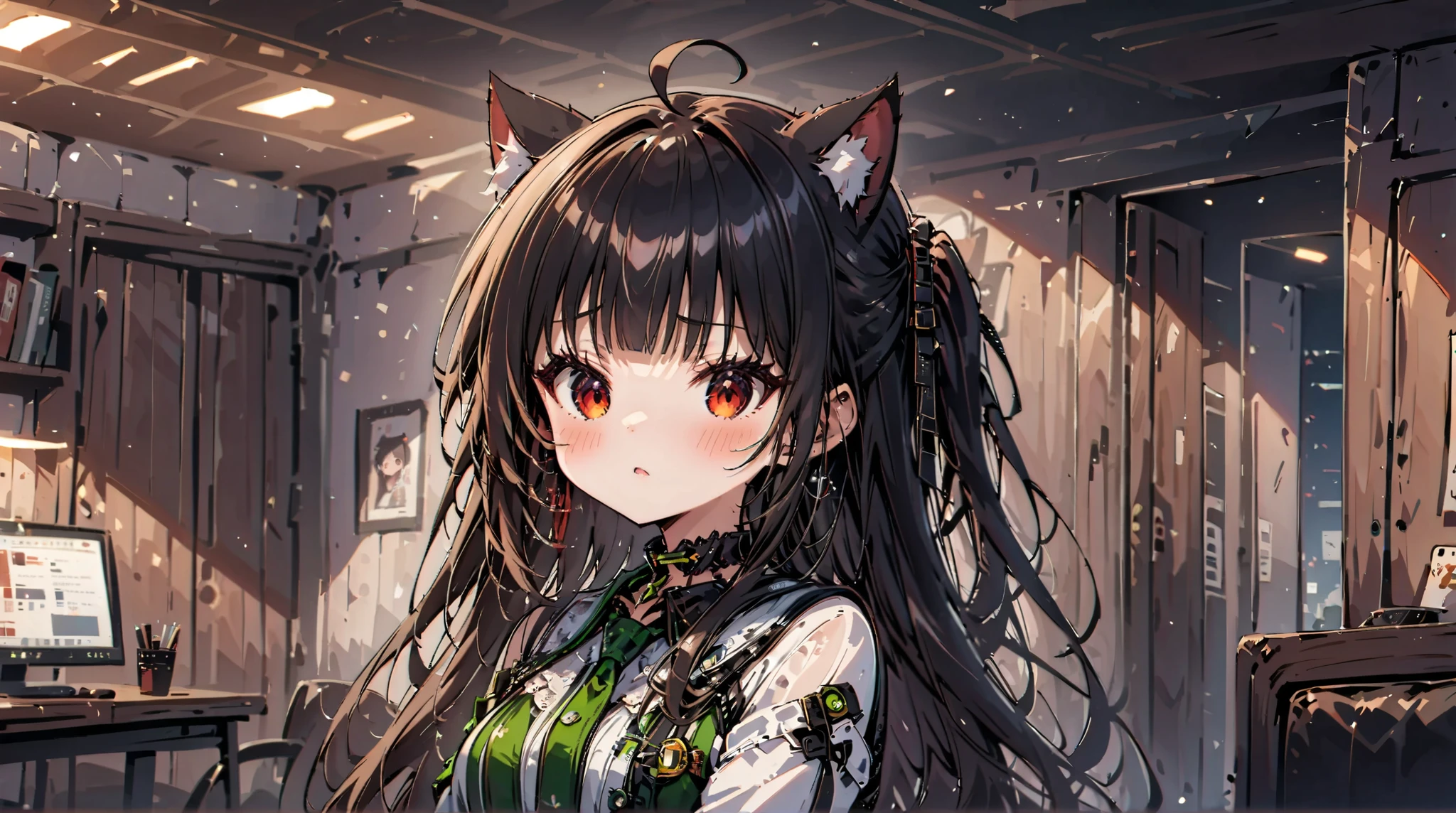 ((( Best Quality ))), (( Ultra Detailed )), ( Illustration ), (( Extremely Delicate and Beautiful)),, 1 girl, , alone, sola, ((cat girl, cat black ears)), (red eyes), (long hair), (( black hair, (Ahoge), straight bangs,)), fondo simple y en el centro se ve una chica con lagrimas estilo anime sentada en una silla gamer y frente de ella una PC con humo y un pantallazo azul de error sobre un escritorio simple, estilo anime, estilo cartoon,