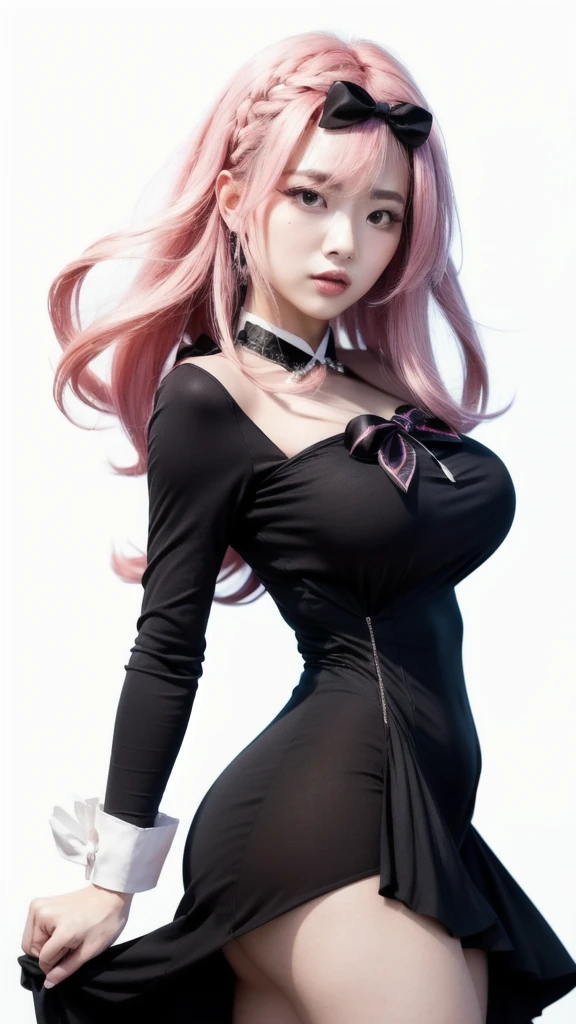 masterpiece, best quality, realistic, 1girl, sexy tight mini dress, thick thighs, f-cup breast, dress view, (PureErosFace_V1:0.6), long pink hair