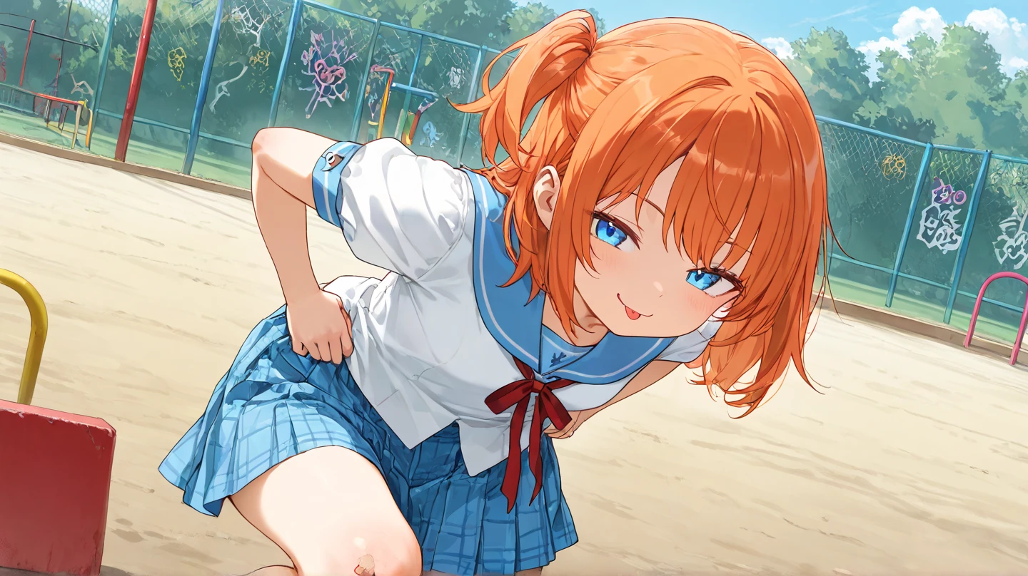 The upper part of the body、an oil painting、​masterpiece、top-quality、hight resolution、Orange hair、women fighting、Red Cheergirl Clothes、Small cleavage、distressed face、Sweaty skin、school ground、blue-sky、tiny chest、Cotton pants peeking out of the skirt、Doing a high kick、Upper Stage Kick、a miniskirt