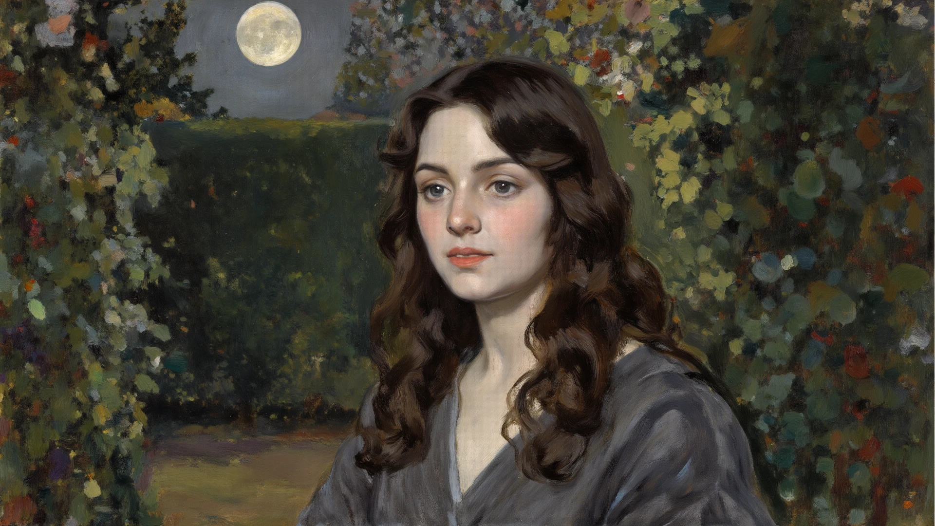 This is Andrew Wyeth - The Art of Andrew Wyeth - with a muted floral palette and a dry brush technique that creates a feeling of calm. (animation. beautiful Lebanese woman with long brown hair. perfect anatomy, beautiful expressive eyes. she wears a black turtleneck and olive green skinny jeans. its back side faces the camera 1 crescent moon, night, fairytale background) (minimalism: 1). Dietary composition, ideal body anatomy.
