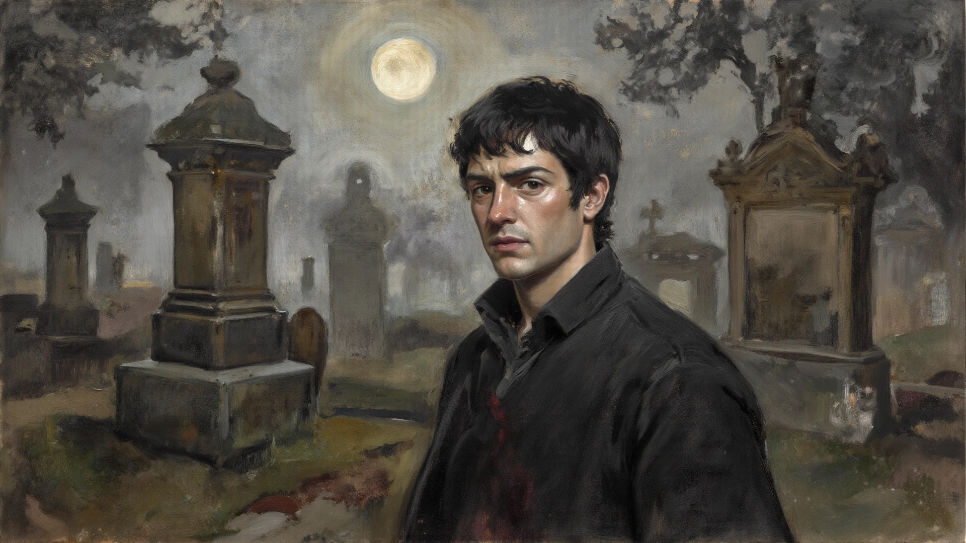 Michael Jackson in the cemetery with several zombies in the dark sky --auto