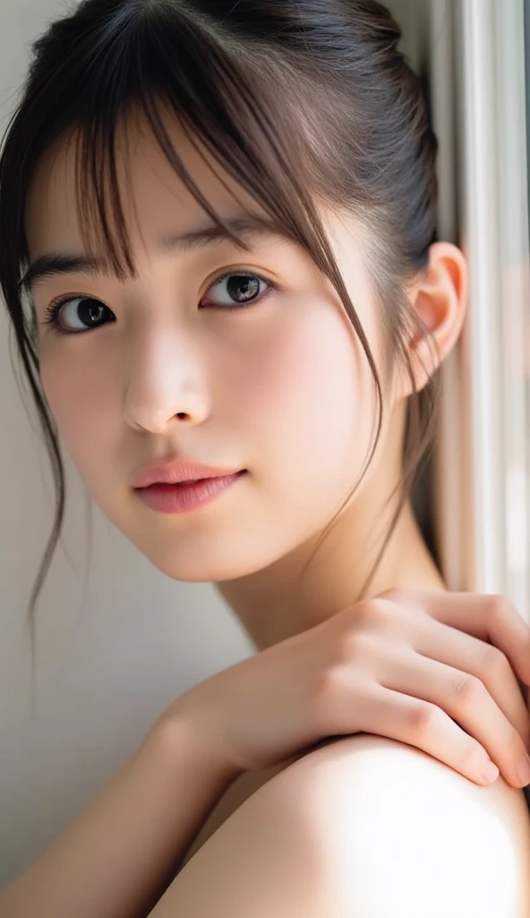 highest quality, Realistic, 8K, High resolution, 1 Girl, woman, (Skin dents), (Portraiture:0.6), nice, ((White Background, Completely naked, Small breasts:1.65)), (Brown hair in a ponytail, Parted bangs:1.4), Watching the audience, (1 Girl eyes Watching the audience:1.6), Realistic, (Bokeh), (Closed Mouth, smile:1.3), nice, Purelos Face_V1:1,Completely naked、