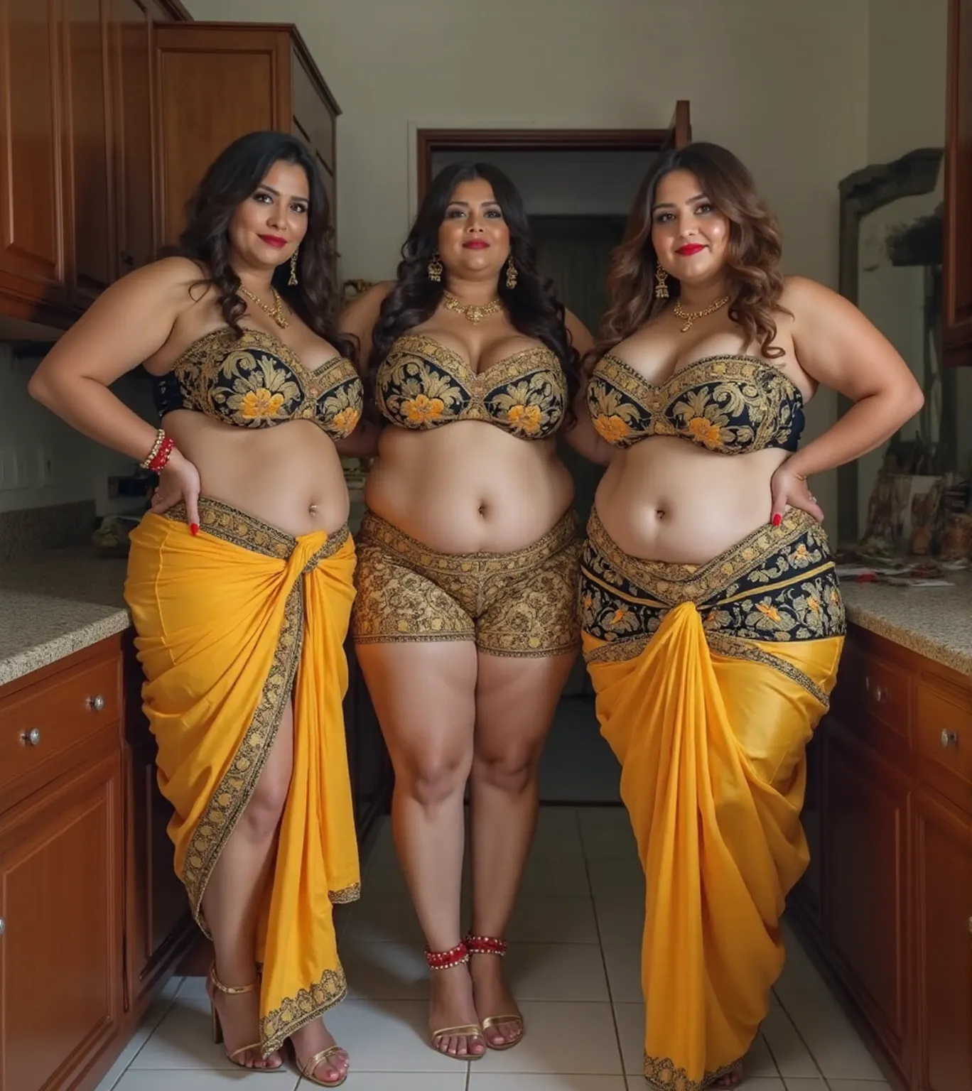 Indian women,30 year old,she is an doctor,pretty face,big and voluptuous breasts, gigantic and enormous butt, thickest thigh,huge knockers,widest hips, lowest waist,slim tummy, bimbo and hourglass figure,wearing high skin revealing harem slave Belly dance dress,with black stockings, wearing gold jewellery and gold waist chain,dancing at the public road