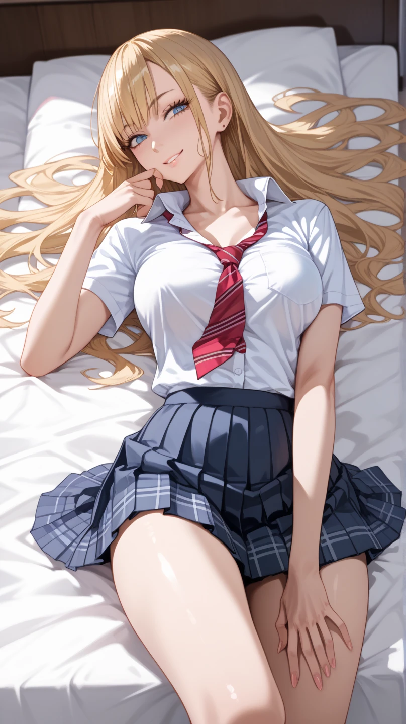 NSFW, lying girls up to down, (POV looking down view male own abdomen and penis and girls face and body uper to down from above:1.4), 1girl solo focus from above, a girls closed eyes and super open big mouth face, open legs and super loose socks feet and wearing loafer soles up straddle male abdomen missionary sex, The composition is as if you are looking at her face while sucking her tits:1.4, on the pink cute bed, She's writhing with her hands raised in agony, She lies on the bed on her back POV real life closed deep inserted penis vaginal sex, (Her beautiful pussy overflowing with love juice as the penis is inserted:1.4), You push her down on the bed POV, Beautifully breasts exposed by the unbutton open front outer shirt, View from very close directly above, (Masterpiece, Super photo realistic, Super details, Super Highest Quality, Super Highest Quality), super cute and beautiful girl, (Mysterious atmosphere:1.3), You are professional photographer, Very tanned skinned Japanese gal, For dark brown eyes, Blonde yellow hair, Pink ribbon, gal make-up, False eyelashes, Pearl pink glossy lips, Unbuttoned Hemmed sailor red collar open front white shirt, (kawaii erotic girl:1.3), (Very thin shirt:1.3), beautiful focus, (black eyes:1.4), big round chest, (POV hands and arms on girls thighs:1.3), BREAK, Half down two side up blond long hair style, (Wider at the hem flabby large in size Super Loose Socks:1.4), loafer, An innocent 16-year-old girl, skin fang, super happy smile, evil smile, Extremely Realistic, open mouth, ahegao orgsming face, half close eyes, (With white ruffled hem red plaid pleat mini skirt girls:1.4), POV grab hands, (Shirt open out outfit:1.4), super photo realistic,mirham, Riko Mine Lupin4world, (Outfits with lots of frills:1.4), (White ruffles lots of in skirt:1.4), Long bangs over the eyes, Brown cartoon eyes,
