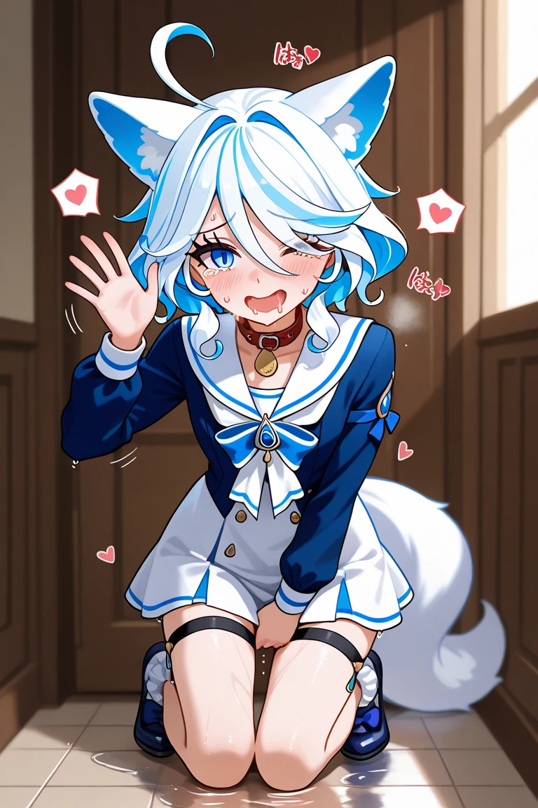 fox boy,Red collar,4K resolution,Sailor uniform,Blue hair color,