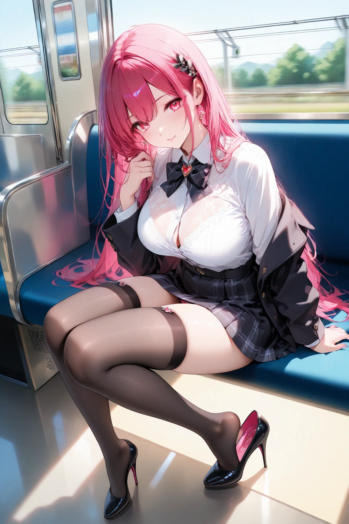 (masterpiece, highest quality, ultra high res, ultra detailed:1.3), 1 cute girl, ideal ratio body proportions, pink medium hair, sitting on long chair, in train, outstretched legs, (white panties visible:1.4),  uniform, blue pleated mini skirt, on the train, clothes covered nipples, front view, 