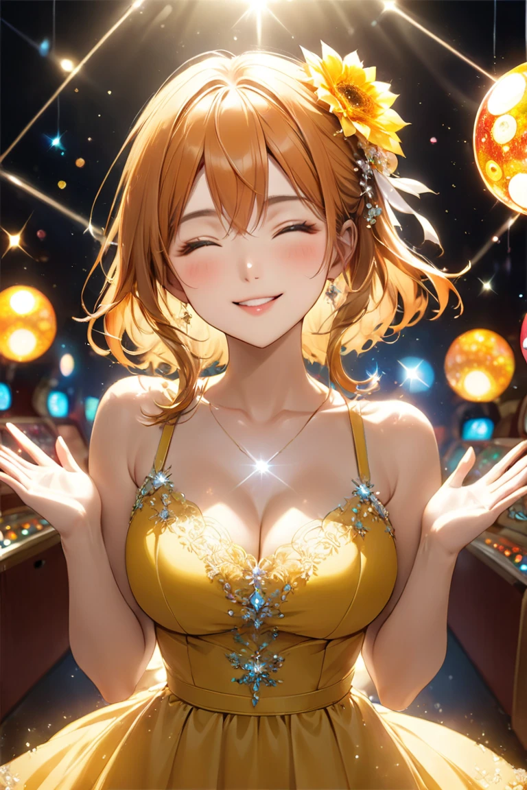 Honoka Kosaka　Orange Hair　Blue eyes　short hair　Half Twin Tail　One-sided ponytail　Orange nightgown　White garter belt　smile　Larger breasts　night　Love Hotel　Seduce　Sit on the bed　night景　Dark Room　Room lighting　Holding an orange cocktail
