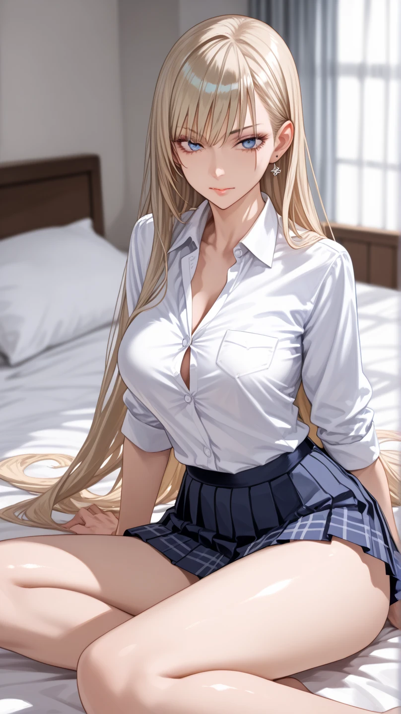 top-quality、Full limbs、complete fingers、One beautiful woman、Beautiful Large Breasts、((straight haired、blondehair))、((White collared shirt、Ha  just、Black panties))、A big smile、Living room at home、 standing、sexypose