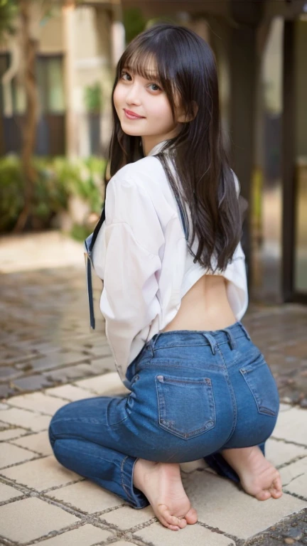 (hyuga Hinata, very sensual, with tight clothes, big-ass, legs thick, Wearing extremely tight jeans, Aside Cutter Shirt, umbigo com pirsing, big hair, Speaker behind, very realistic, extremely sexy, 8K, 8K extremamente detalhado), (an extremely delicate and beautiful), (Masterpiece artwork), (best qualityer: 1.0), (ultra highres:1.0)