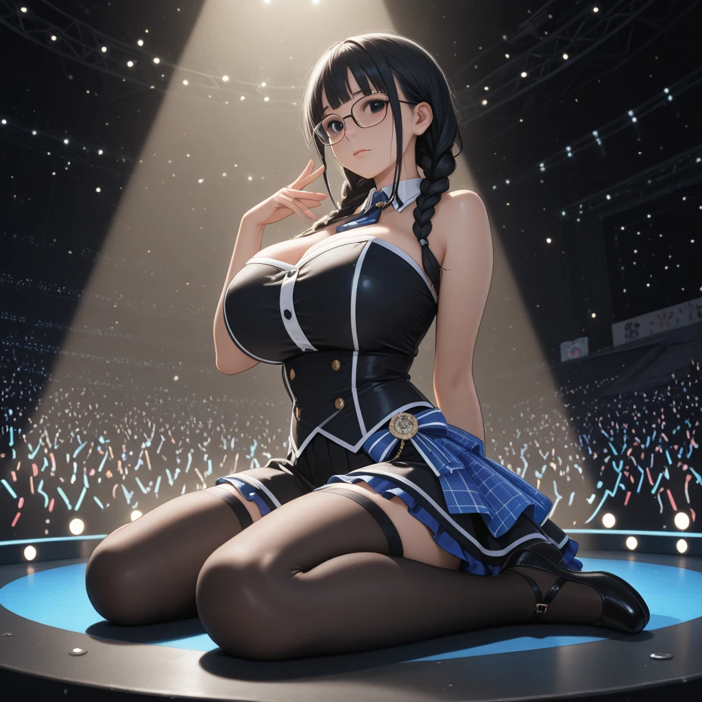 Masterpiece, Gothic Nightclub, Dark Wave, Electro Party, crowd, dancefloor, busty woman in a short black dress, black stockings, boots, deep cleavage, arms up, black hair, white face