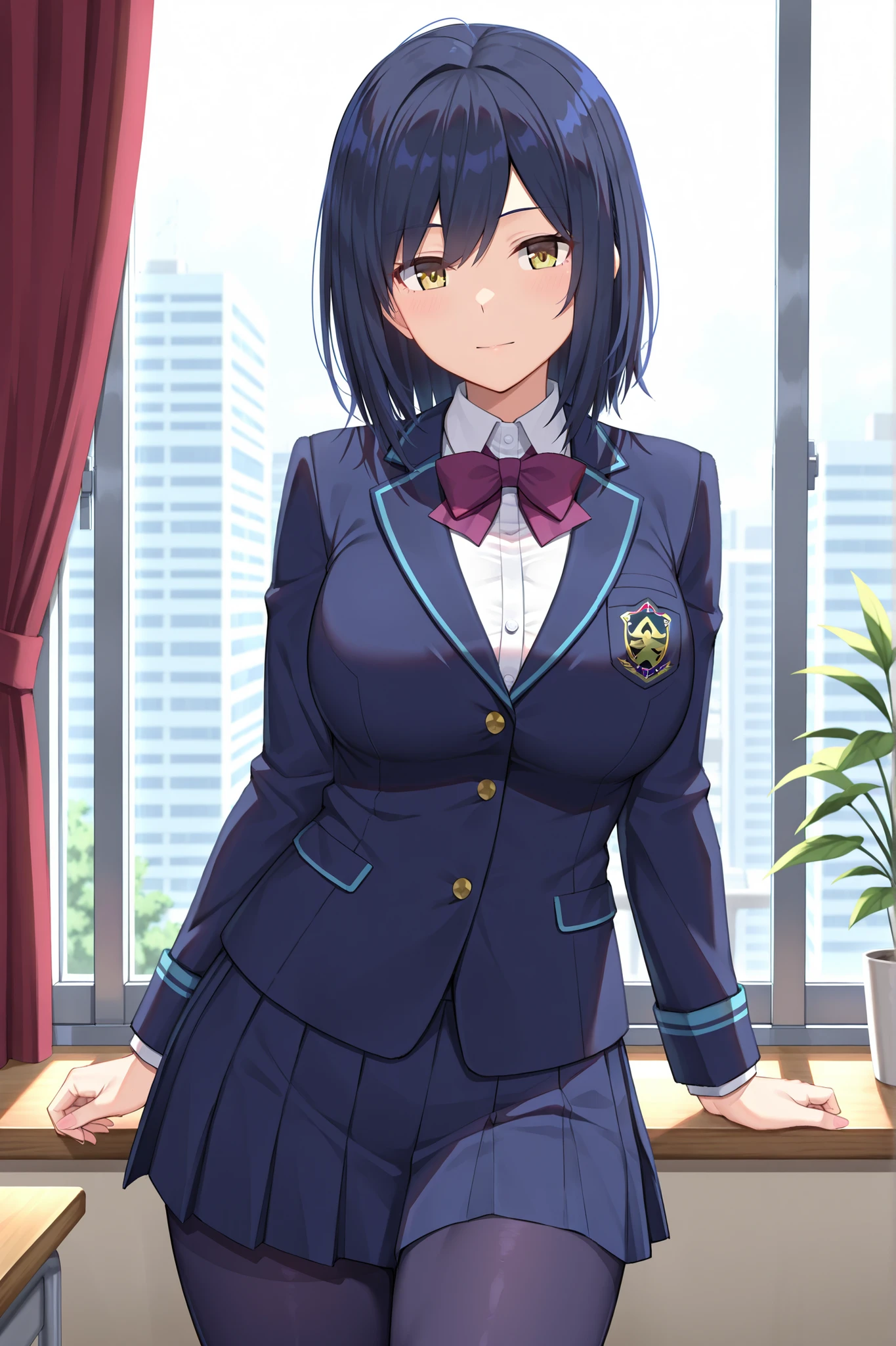 solo,masterpiece,best quality, amazing quality, highres, absurdres, very aesthetic, high resolution, ultra detailed, perfect details,nijirin,large breasts,yellow eyes,blue hair,black hair,moles,medium hair,nijirincos,white shirt,collared shirt,purple bowtie,blazer jacket,blue jacket,closed jacket,blue skirt,miniskirt,pleated skirt,dark blue pantyhose,(masterpiece, detailed:1.2)、look at viewer,mature female