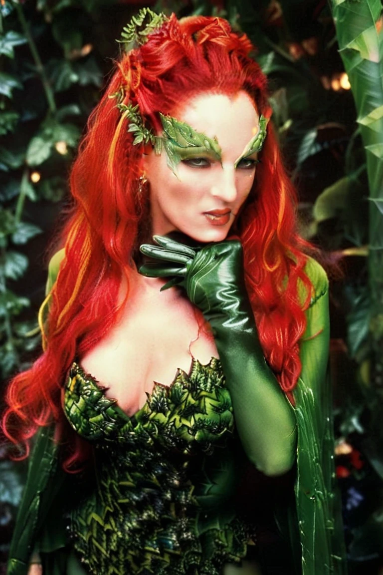 debannwoll as Poison Ivy from batman, (smirking), film still, torso, jungle vines, foliage, indoors <lora:debannwoll-os600:1.2>