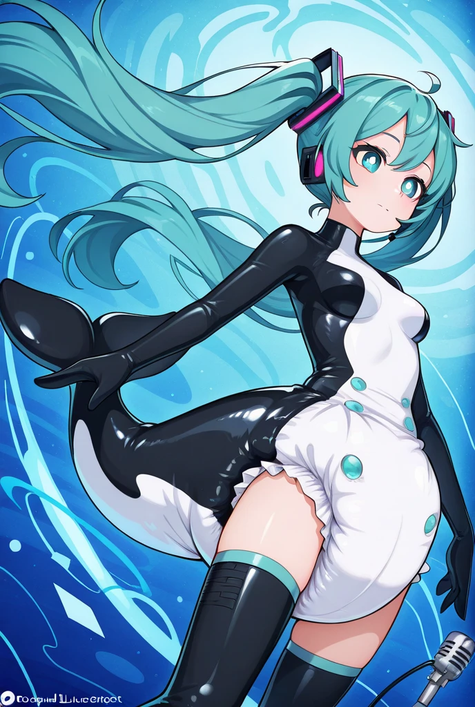 hatsune miku, 1girl, solo, long hair, breasts, looking at viewer, smile, simple background, thighhighs, white background, twintails, standing, swimsuit, full body, small breasts, boots, aqua eyes, hand on hip, one-piece swimsuit, aqua hair, skindentation, thigh boots, highleg, competition swimsuit, highleg swimsuitclosed eyes, tears in eyes, open mouth, saliva residue, wet skirt hem, sticky panties, bulging vibrator cord, vibrator with garters, visible pussy, visible vaginal opening, visible vagina, visible vulva