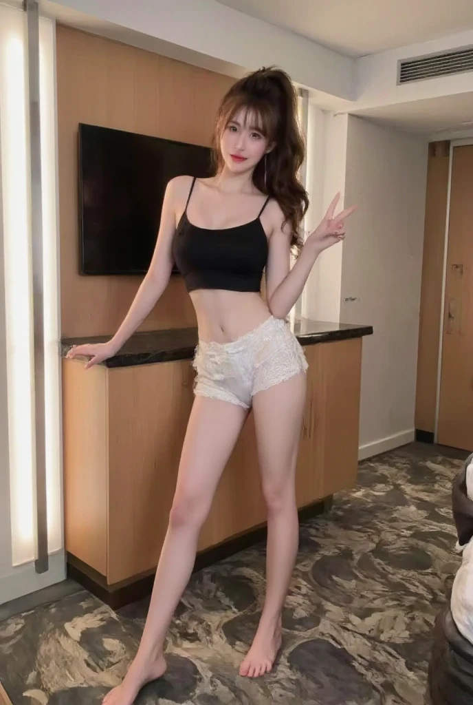 tmasterpiece,full-body portraits,1girll,beautifullegs,The barefoot,Sexy standing pose,18 years old Asian beauty,very beautiful long slim legs,