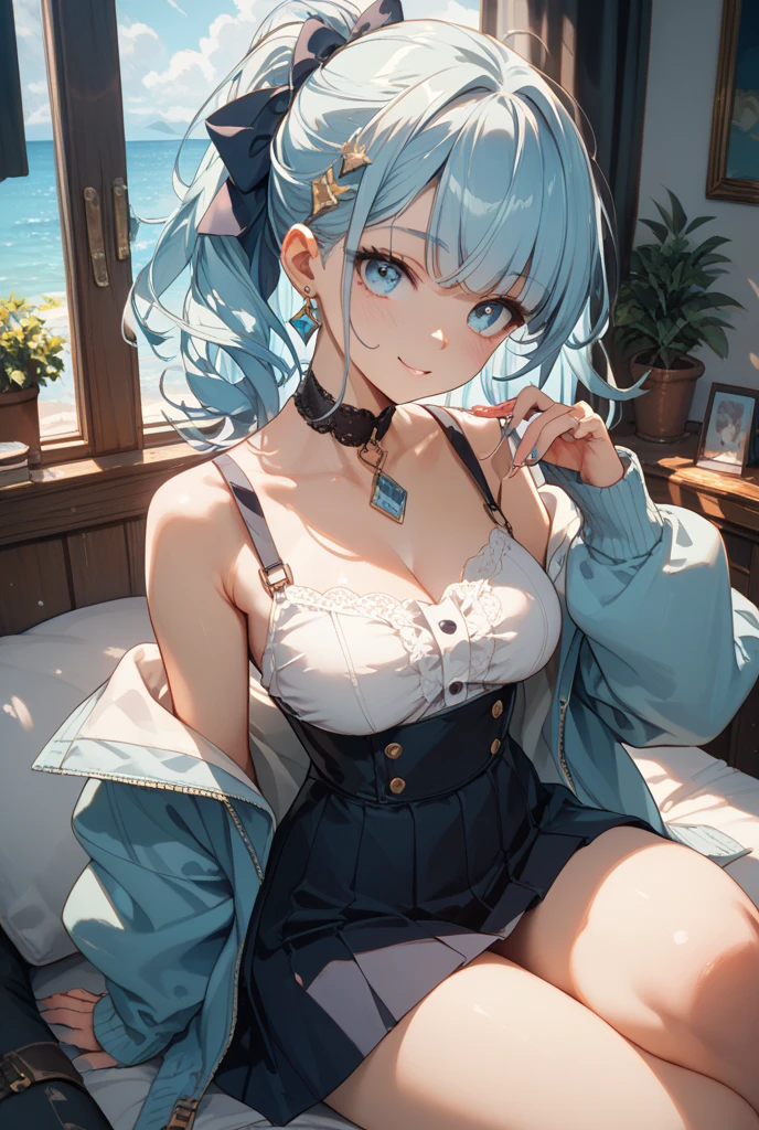 最high quality、Best image quality、masterpiece、With a girl((cute、15 years old、Best Bust、Medium Bust、Bust 85,Beautiful Blue Eyes、Spread your chest wide,Blonde lointail、Slender、The best valley、、Blue sleeveless shirt、White shorts,Show the whole body、Blue Mesh,Leaning forward greatly、Blue hat、Blue Intercom,Face Paint)）high quality、Beautiful art、background((summertime、White table、White chair、shaved ice、)),Tabletop、Exquisite design、Visual Arts、Depth of written boundary、Best lighting、Highest detail、8ｋ