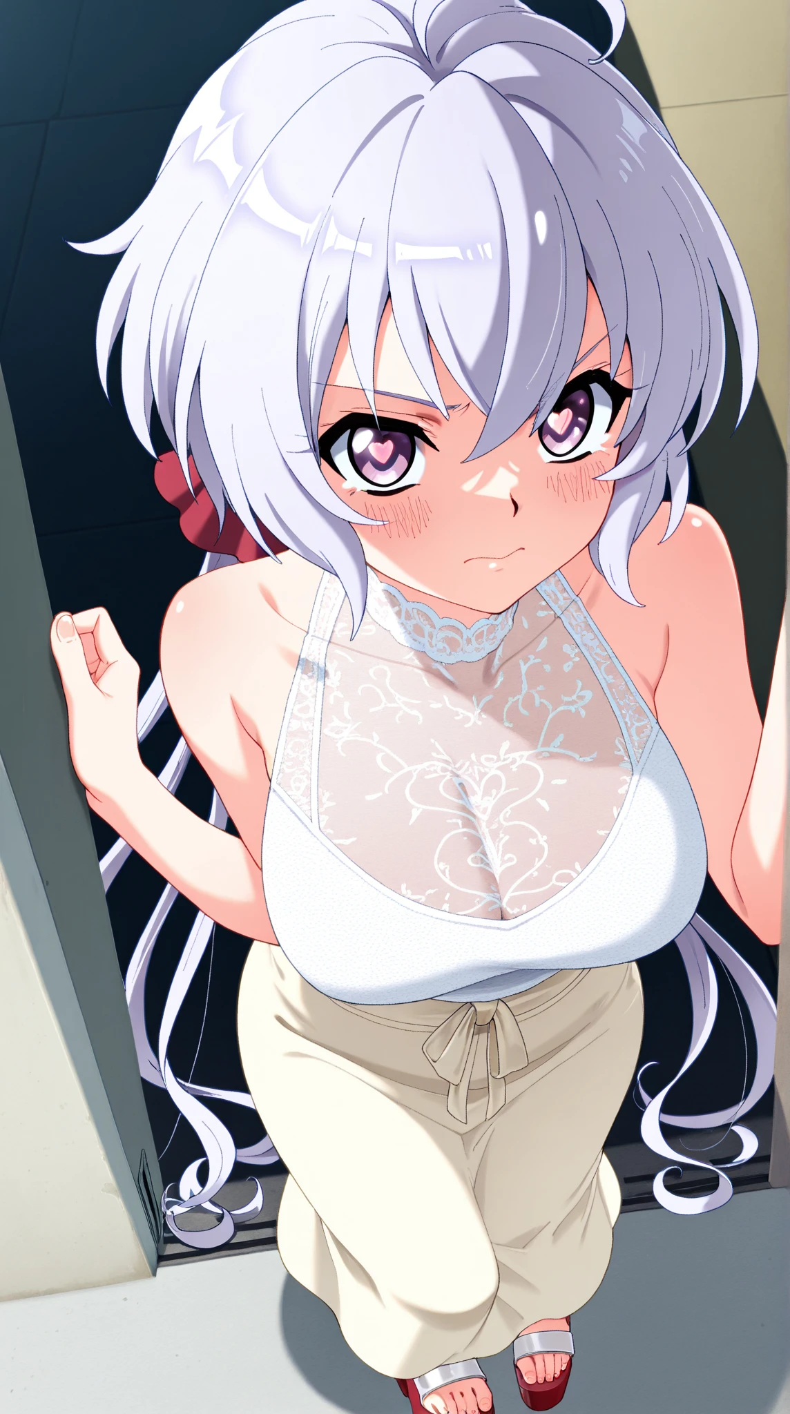 masterpiece, best quality, 1 solo girl, white hair, red eyes, bob cut hair, wavy hair, medium breasts, mature body and face, bare shoulders, cleavage, white lingerie, white bra, white panties, open stomach, bed, leg up, cowboy shots, sexy pose, dakimakura, detailed body, face, and eyes, sharp focus, vibrant, creative, dynamic, high definition, high resolution, 8k, voluptuous body,