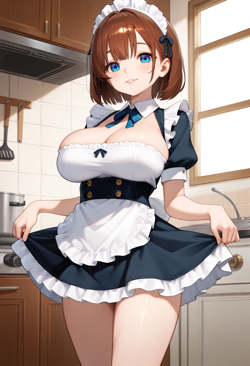 ((Tabletop, highest quality, High resolution, , Pixel perfect, 4K,))), 1 beautiful woman, 、The whole body is visible、 ((Mid-wave hair, bangs, Brown Hair)), ((Brown eyes, Beautiful eyelashes, Realistic eyes)), ((Detailed face, Blushing:1.2)), ((Smooth texture:0.75, Realistic texture:0.65, Realistic:1.1, Anime CG Style)), middle size breast, Dynamic Angle, Perfect body, (( , , 、Frill apron, Maid Costume、Ruffled short sleeve shirt))、Cooking in the kitchen、、Sit on a chair、Raise one knee and open your legs、Very embarrassing panic smile, 、、、、(Light blue lace panties are visible、)、Angle from below)、