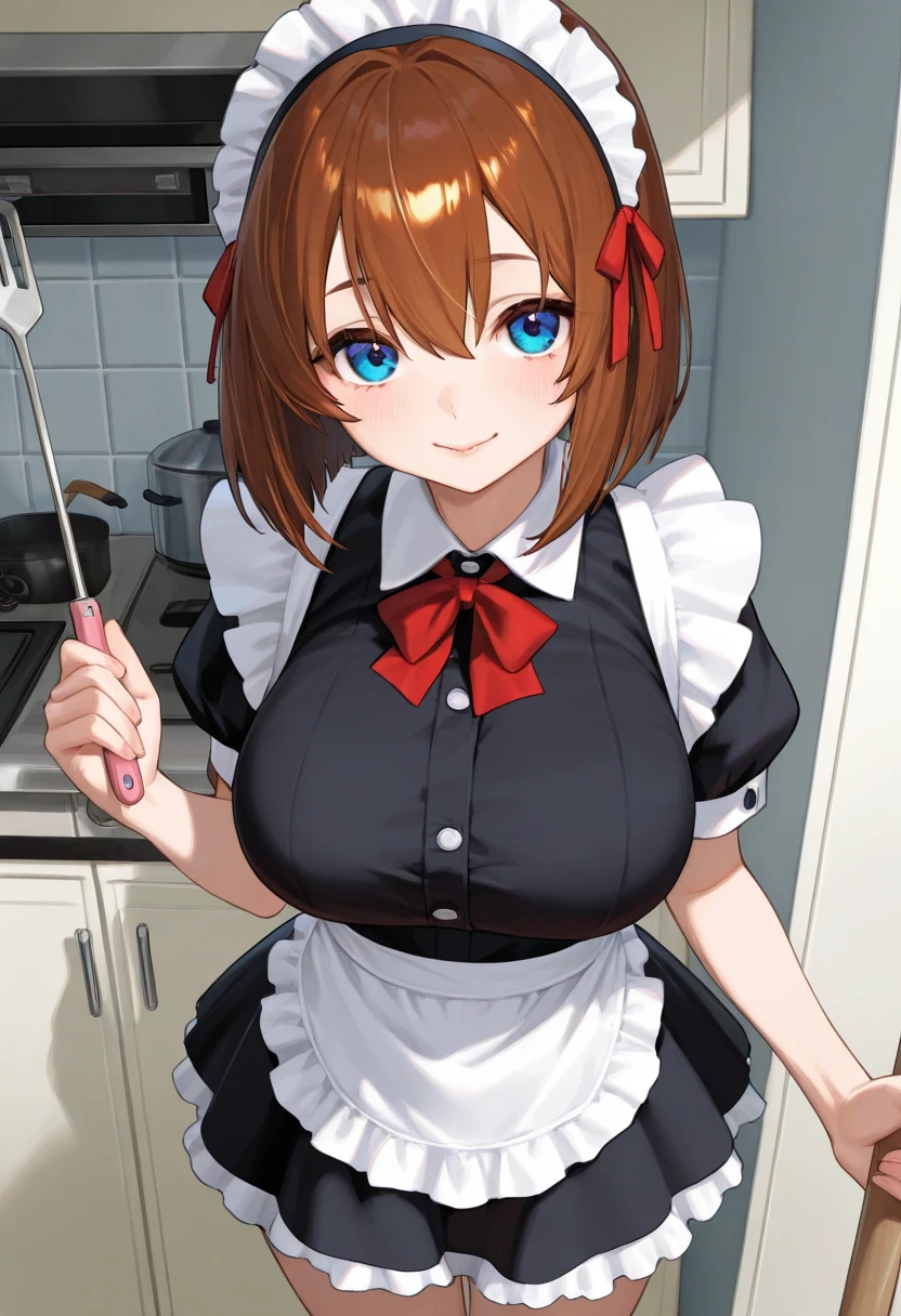 Mommy Masterpiece, erotic, ero, 18+, nsfw,maid costume, short brown hair , brown detailed sparkling eyes , embarrassed , blushing
(Best quality:1.3),big breasts, naked, apron, cleavage, (pov, close shot), standing, kitchen background, blushing:1.2.