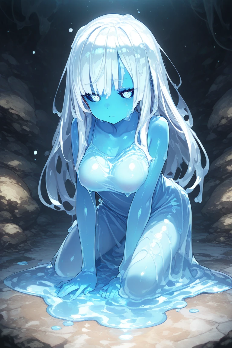 (masterpiece, flawless quality:1.2, anime style), nsfw, 1girl, medium breasts, teenager, Fullwater, (girl by Fullwater:1), sitting on rock, ((water)), hip long hair, looking at viewer, smile, behind lake, forest, cute, curvy, cute pose, long hair, (liquid body, liquid, water, blue skin:1.2), water elementalm, worldofwater