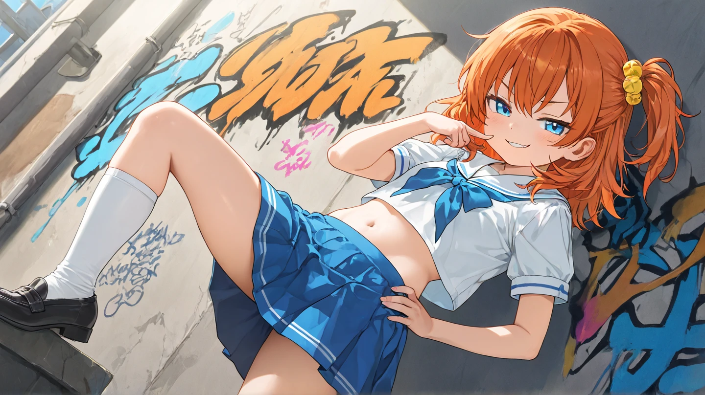 masterpiece, highest quality,  Poor breasts、crimson hair、ponytail、Glowing yellow eyes、Bangs between the eyes、Ahoge, Breasts exposed from sailor uniform、Skirt rolled up, 8-year-old、White panties、Leg spread、Ecstatic expression、raped by the entwining tentacles、From behind